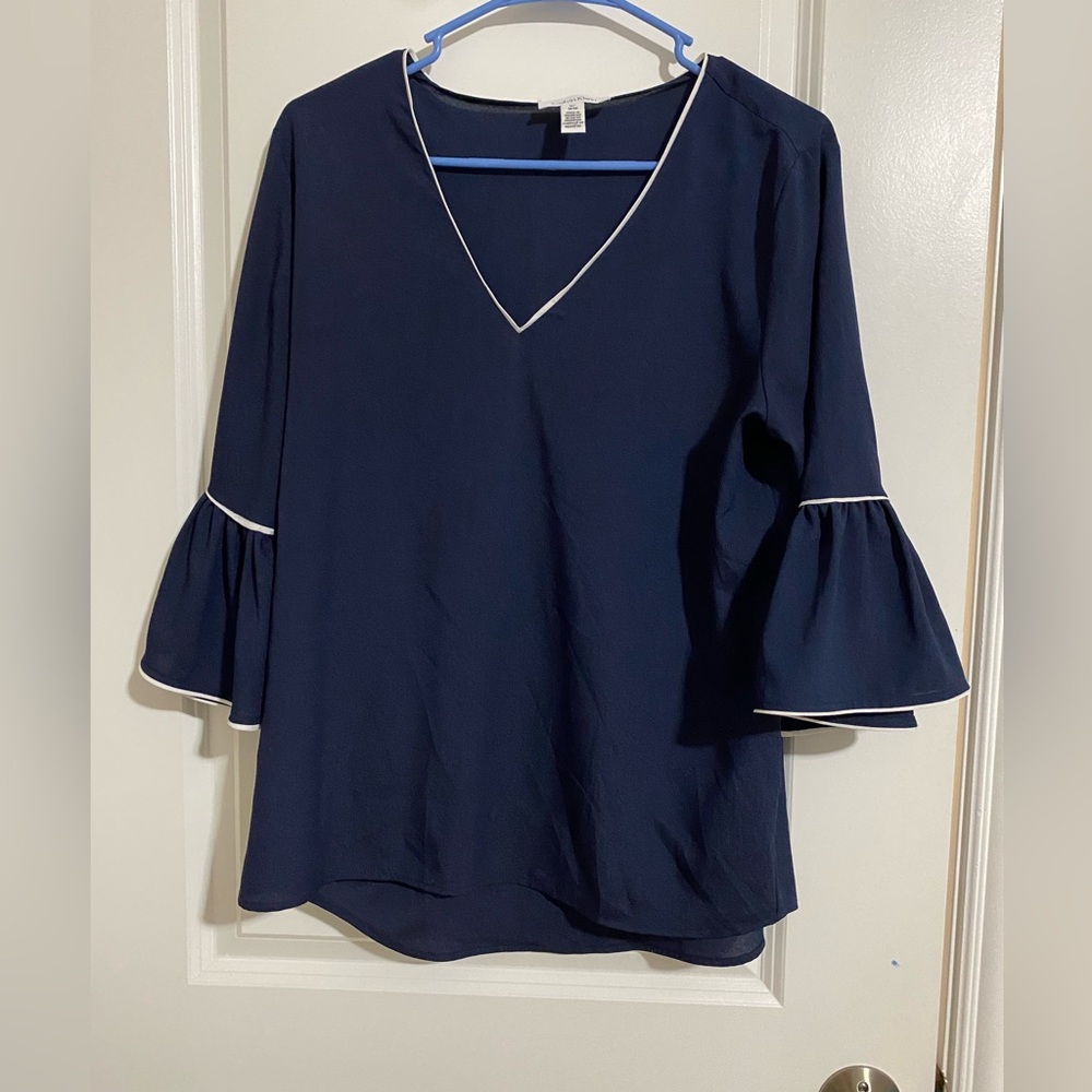 Calvin Klein Dark Blue V-Neck Blouse with Bell Sleeves